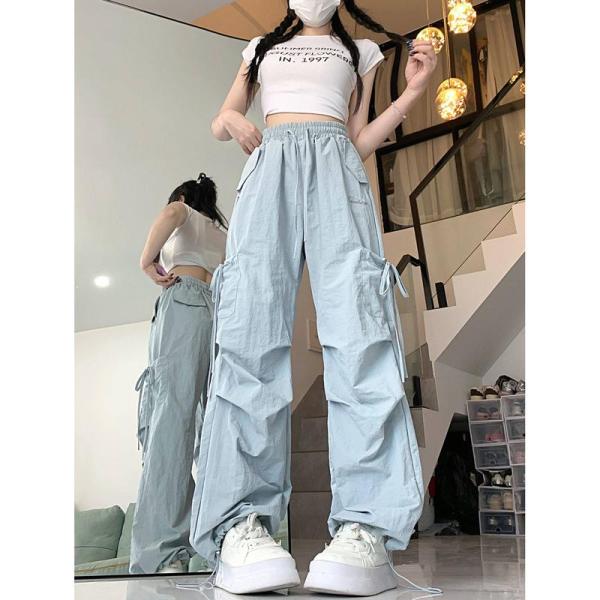 カーゴパンツ レディース ワイドパンツ サイドリボン 韓国風 パラシュートパンツ シャカシャカ 速乾 軽量 体型カバー ストリート ダンス