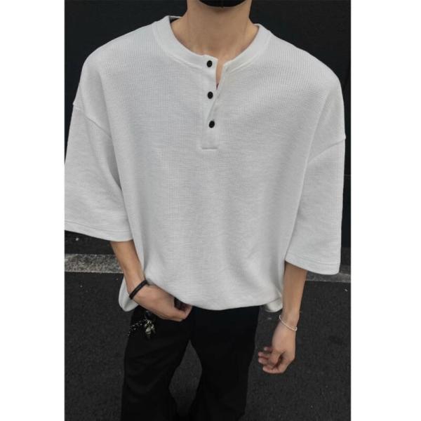 ヘンリーネック Tシャツ メンズ 五分袖 ワッフル トップス 無地