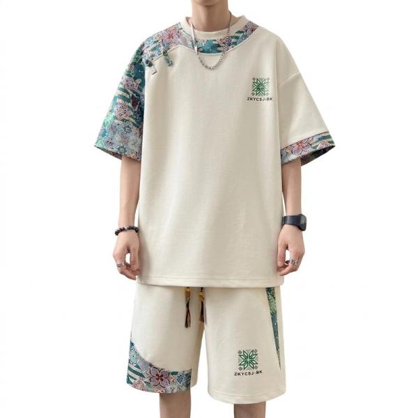 セットアップ メンズ 夏 上下セット 半袖 ティーシャツ ハーフパンツ チャイナ風 切り替え エスニック 刺繍風 ゆったり 大きいサイズ
