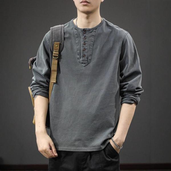 ヘンリーネック Tシャツ メンズ 長袖 ロングtシャツ 厚手 綿100