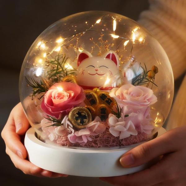 プリザーブドフラワー 永遠の花 ガラスドーム 赤いバラ 招き猫 プレゼント 花束 石鹸花 室内 日常飾り かわいい 祖母 女性 友達 友人