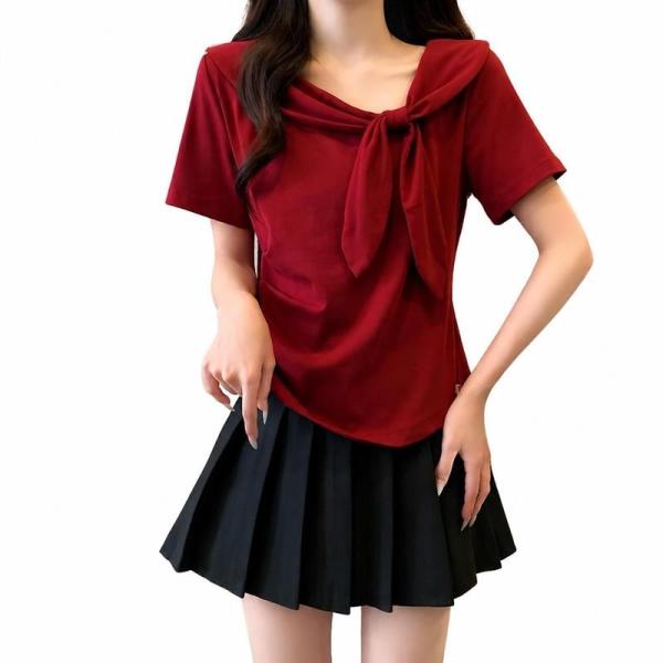 セーラーカラー Tシャツ 前リボン 半袖 レディース ブラウス 襟付き Vネック トップス カットソー 着痩せ スリム ガーリー かわいい