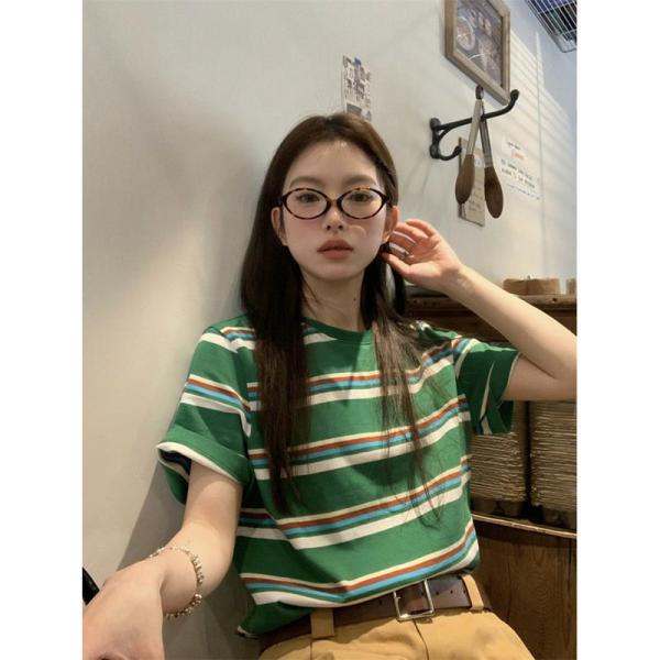 Tシャツ レディース 半袖 マルチボーダー クルーネック トップス ゆったり ビッグシルエット 大人カジュアル ヴィンテージ風 アメカジ