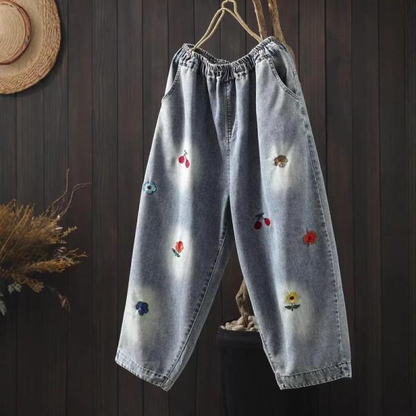 デニムパンツ レディース ジーンズ 花柄 刺繍 さくらんぼ ワイドパンツ