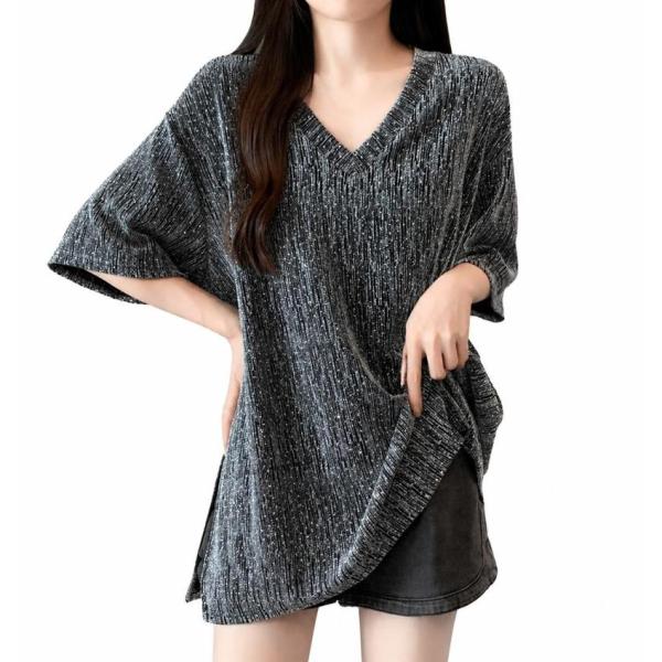 レディース Vネック Tシャツ 半袖 カットソー ラメ入り キラキラ ゆったり サマーニット トップス 痩せ見え 体型カバー カジュアル