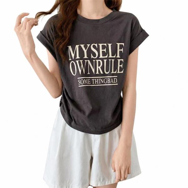 Tシャツ レディース 半袖 トップス カットソー クルーネック 英字 ロゴ シャーリング 裾ドロスト カジュアル オーバーサイズ ゆったり