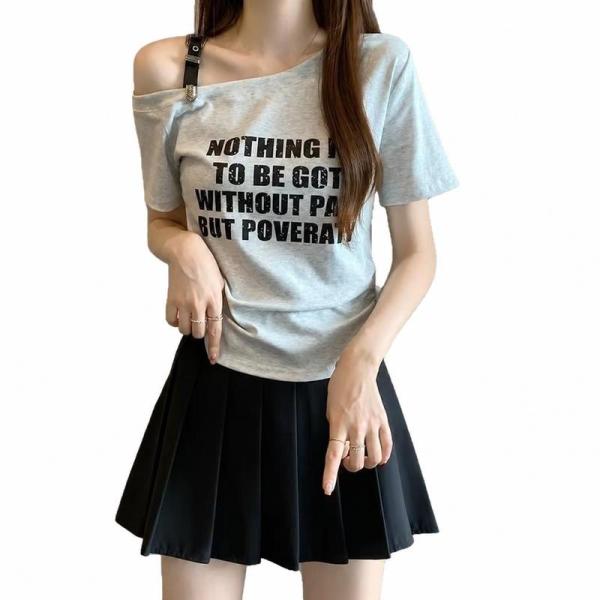 カットソー レディース ワンショルダー トップス 半袖 オフショル ベルト デザイン ｔシャツ ロゴ プリント 肩出し ファッション 夏
