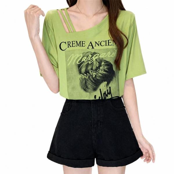 Tシャツ レディース 半袖 カットソー トップス オーバーサイズ ゆったり ビッグシルエット ファッション カジュアル プリント 肩出し