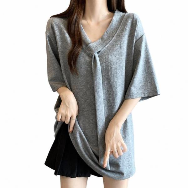 ｔシャツ レディース ｖネック カットソー クロスデザイン ゆったり 五分袖 トップス 体型カバー おしゃれ きれいめ カジュアル 普段着