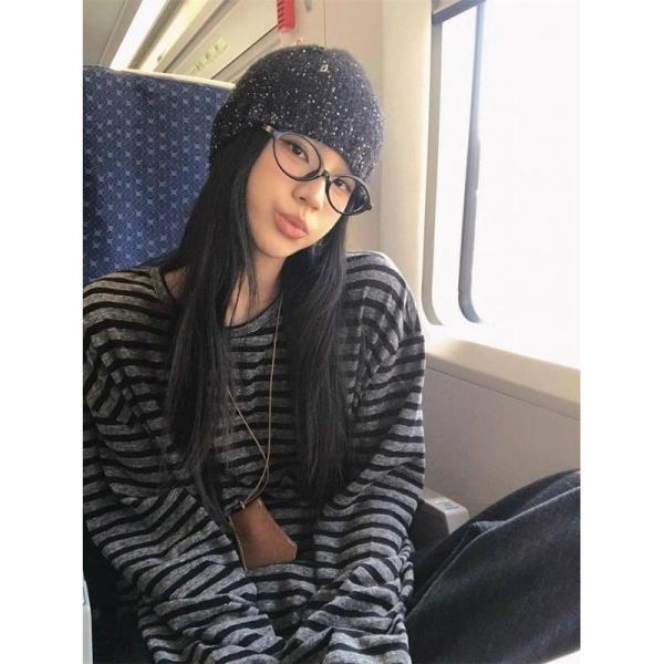 ボーダー カットソー レディース 長袖 ロンT オーバーサイズ ゆるめ ドロップショルダー トップス カジュアル ストリート 韓国風 春