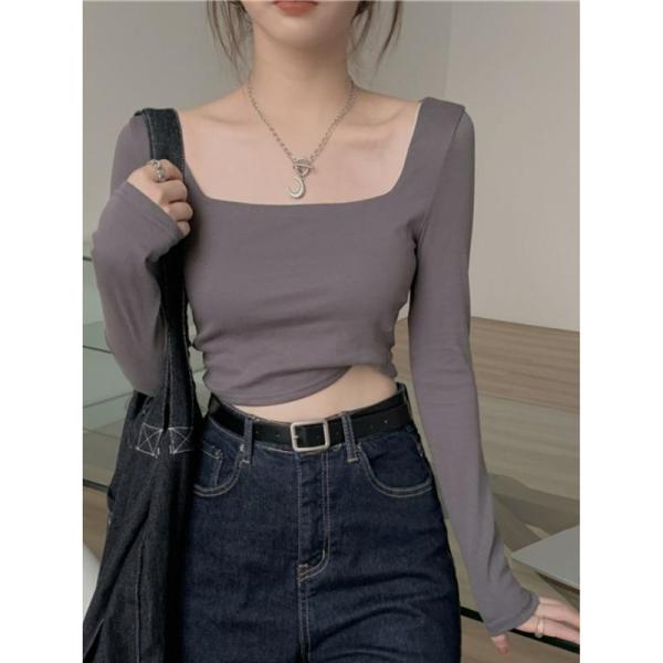 【クレージュ★美品】カットソー Y2k クロップド丈 ウォッシュ加工 S カットソー レディース 長袖 スクエアネック クロップド丈 へそ出し T