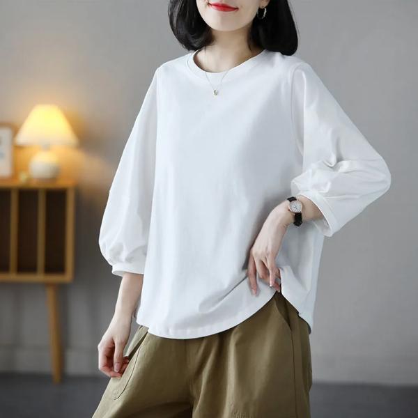 Tシャツ カットソー レディース ボリュームスリーブ ドロップショルダー 七分袖 ミドル丈 ルーズ シルエット カジュアル 大人 綺麗め
