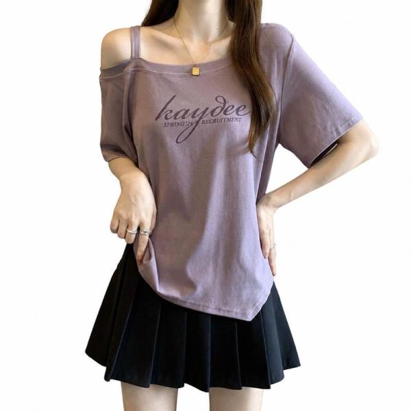 Tシャツ レディース 半袖 カットソー ロゴプリント オフショルダー 肩出し ワンショル トップス ゆったり オーバーサイズ 夏 おしゃれ