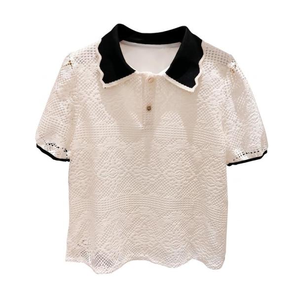 【23SS】Rene パール付き 半袖 ポロシャツ Sサイズ 白色 レース ポロシャツ レディース レース ブラウス 半袖 透かし編み トップス 襟