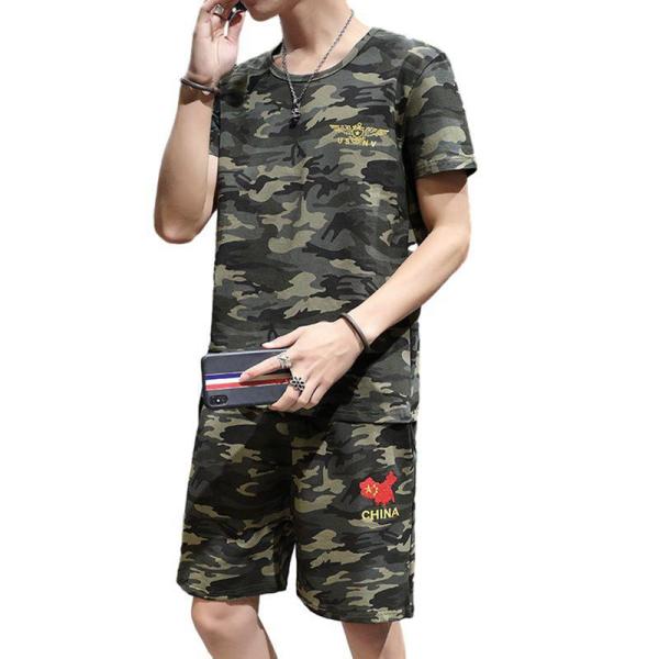 アドバンテージ カモフラージュ パターン上下セット 夏服 tシャツ 上下セット メンズ 迷彩柄 トップス ハーフパンツ 半袖