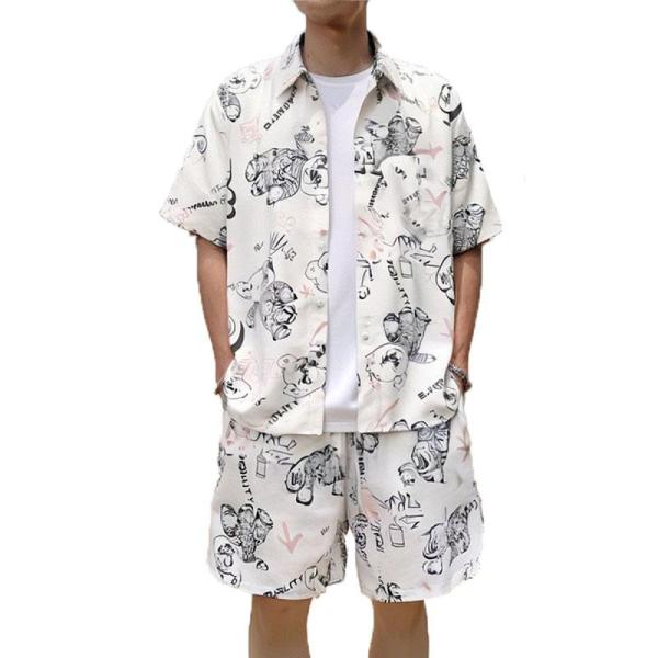 アロハシャツ セットアップ 上下 総柄 メンズ ハワイアンシャツ 半袖 ショート パンツ 上着 ビックシルエット 開襟 通気 速乾 薄手