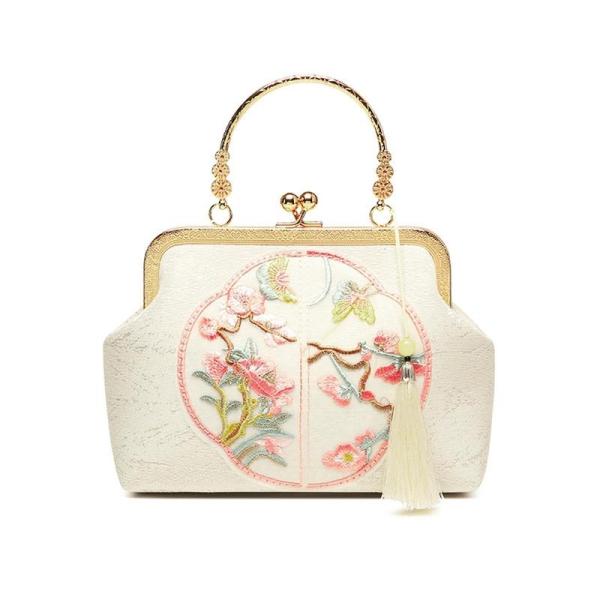 ハンドバッグ がま口 結婚式 刺繍 和風 桃花 タッセル ベージュ 中華風