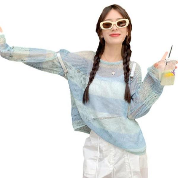 ブラウス レディース シャツ UV カット 接触冷感 透け感 着痩せ 透かし編み ストライプ アイスシルク 女性らしい かわいい 軽量 夏
