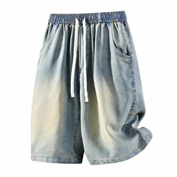 デニム ハーフパンツ メンズ ジーンズ 短パン ワイド ショートパンツ 膝丈 ゆったり ウエストゴム ジーパン ヴィンテージ風 カジュアル