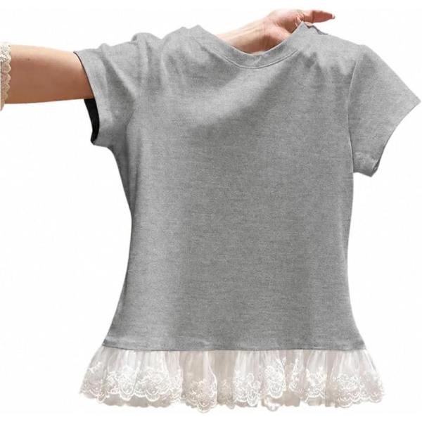 Tシャツ レディース 半袖 裾レース カットソー クルーネック トップス 大人可愛い 着痩せ スリム タイト 柔らかい 伸縮性 春 夏