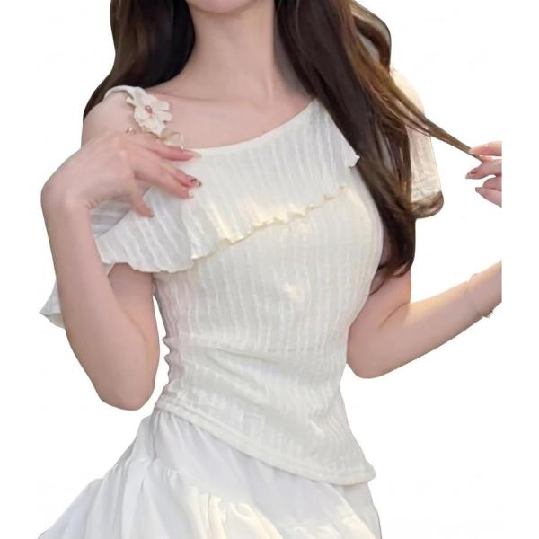 オフショルダー Tシャツ レディース フリル ワンショルダー トップス 花飾り カットソー 夏 半袖 肩出し 大人可愛い きれいめ 細見え
