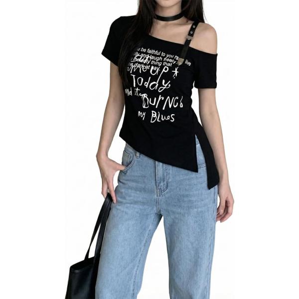 ワンショルダー Tシャツ レディース 半袖 ロゴ プリント 肩出し トップス タイト アシンメトリー カットソー 韓国 ストリート 地雷系
