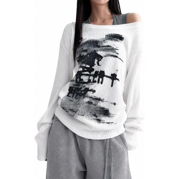 d.i.a オフショルダー長袖トップス グラフィックプリント オフショルダー Tシャツ レディース 長袖 グラフィック プリント