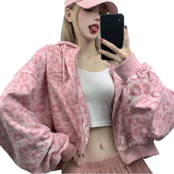 パーカー レディース ジップアップ ヒョウ柄 クロップド丈 フード付き