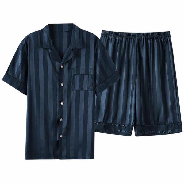 パジャマ メンズ 夏用 半袖 ルームウェア 上下セット ストライプ サテン シルク調 接触冷感 前開き シャツ 短パン 部屋着 寝巻き