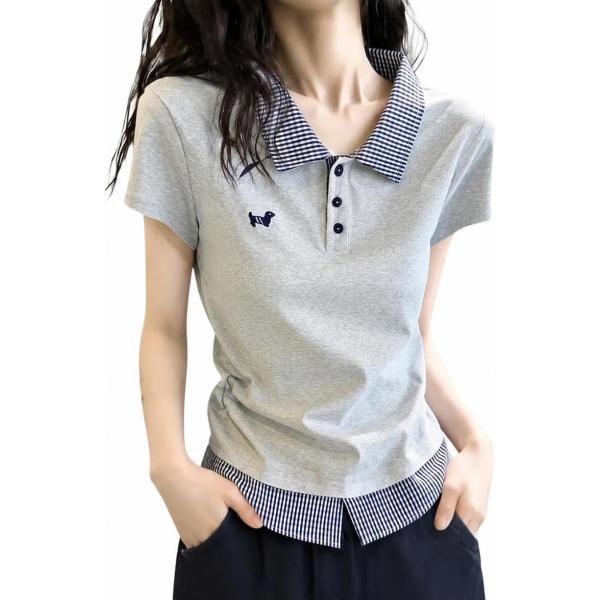 ポロシャツ レディース 半袖 重ね着風 ギンガムチェック 襟付き Tシャツ カットソー 体型カバー 着痩せ 大人可愛い きれいめ トップス