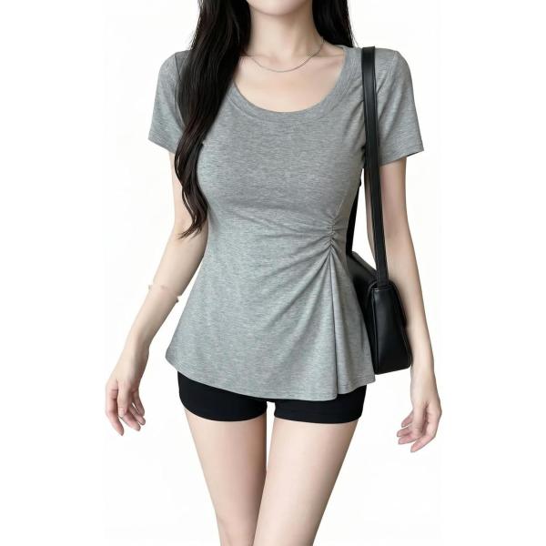 Tシャツ レディース 半袖 Aライン ペプラム トップス カットソー ウエストマーク くびれ 着痩せ 体型カバー おしゃれ 可愛い Y2K