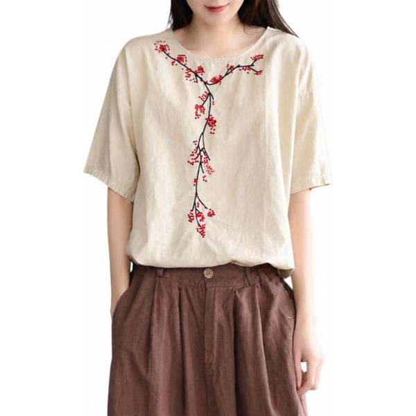綿麻 Tシャツ レディース 半袖 刺繍 ブラウス ゆったり 体型カバー チャイナ風 トップス 涼しい 通気性 カットソー プルオーバー