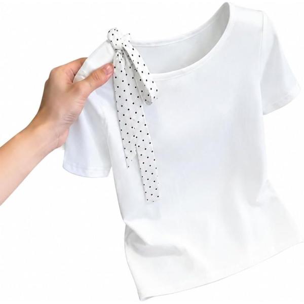 Tシャツ レディース 半袖 肩出し オープンショルダー ドット柄 リボン付き アシンメトリー トップス 大人可愛い モード系 スリム