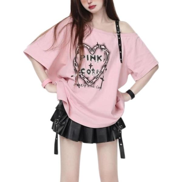 Ｔシャツ レディース 半袖 ワンショルダー 肩出し 地雷系 ハート プリント ビッグシルエット トップス ストリート系 パンク ロック 春