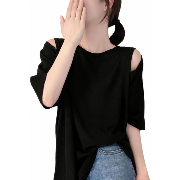 ボーダー Tシャツ レディース 半袖 肩出し トップス ゆったり オープンショルダー カットソー オーバーサイズ カジュアル オシャレ 春