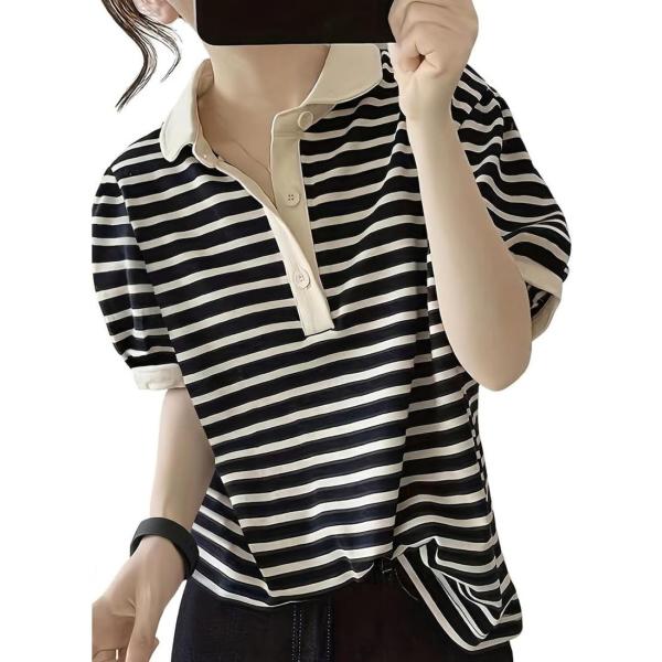 ポロシャツ レディース 半袖 ボーダー 襟付き Tシャツ トップス カジュアル 大人可愛い 夏 体型カバー ゆったり カットソー 5分袖