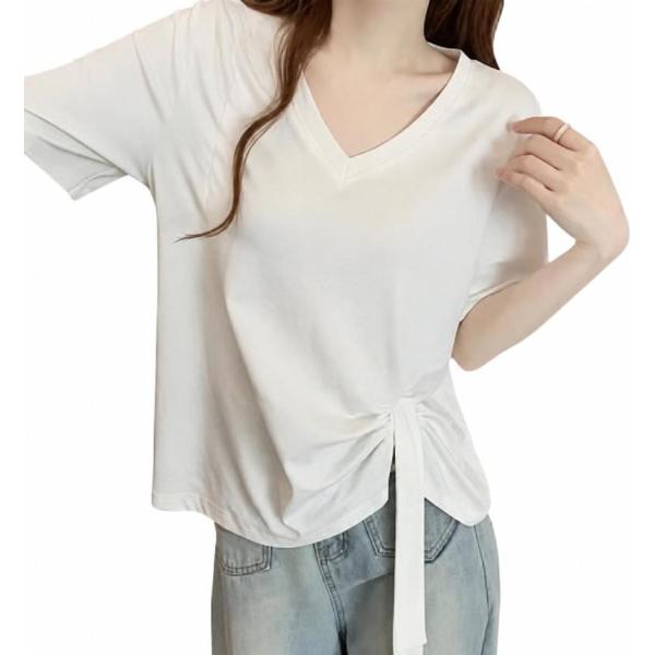 Tシャツ レディース 半袖 Vネック シャーリング リボン サイド ドロスト トップス とろみ素材 体型カバー 着痩せ 無地 カットソー