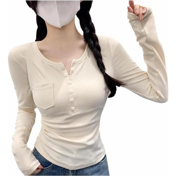 Tシャツ レディース 長袖 ヘンリーネック リブ カットソー サイド紐 タイト トップス 無地 大人可愛い きれいめ 伸縮性 カジュアル