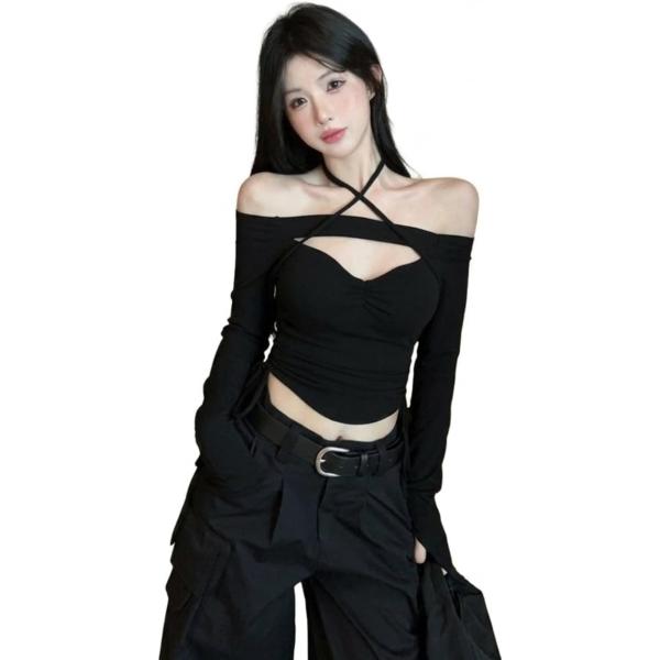 旧d.i.a.　タグ、アクセサリー付、肩出しトップス 長袖 Tシャツ レディース セクシー オフショルダー 胸元あき トップス