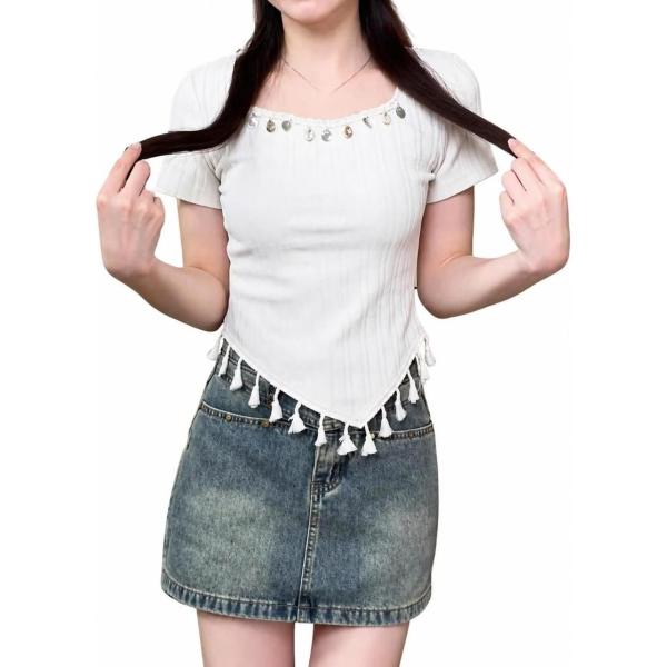 Tシャツ レディース 半袖 フリンジ 裾変形 リブニット トップス スクエアネック ボヘミアン エスニック y2k ギャル風 レトロ
