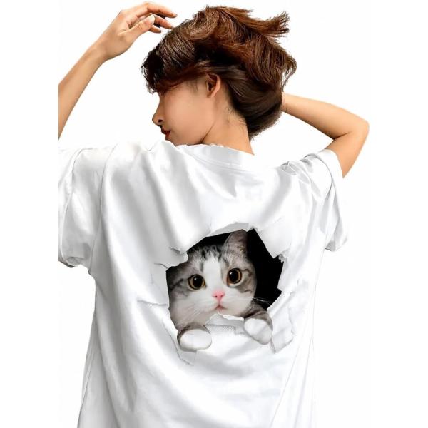 猫 Tシャツ レディース 半袖 バックプリント 3D おもしろ ネコ柄 オーバーサイズ ビッグシルエット ゆったり ティーシャツ 夏 綿