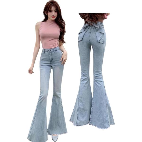 デニムパンツ レディース フレアパンツ ハイウエスト バックリボン