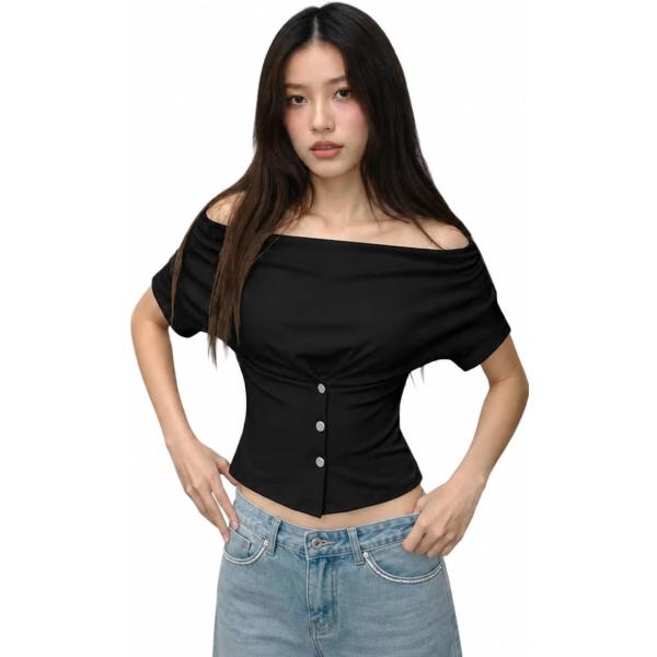 オフショルダー トップス レディース 半袖 Tシャツ 襟付き ボタン 
