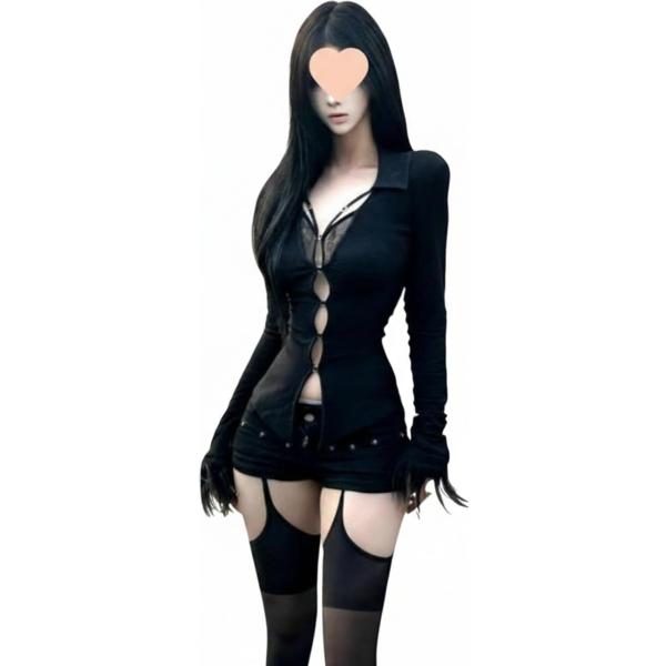 カットソー レディース 長袖 胸元あき セクシー 襟付き レース トップス タイト スリム フロントオープン 谷間見せ 着痩せ 地雷系