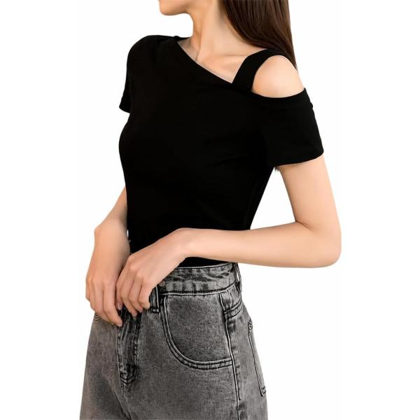 tシャツ レディース 半袖 アシンメトリー 肩出し カットソー 無地 タイト トップス セクシー ワンショル風 鎖骨見せ 着痩せ おしゃれ