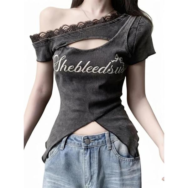 The Viridi-anne アシンメトリー裾リブ切り替えTシャツ サイズ3 Tシャツ レディース 半袖 カットアウト 胸開き レース切替 ロゴ
