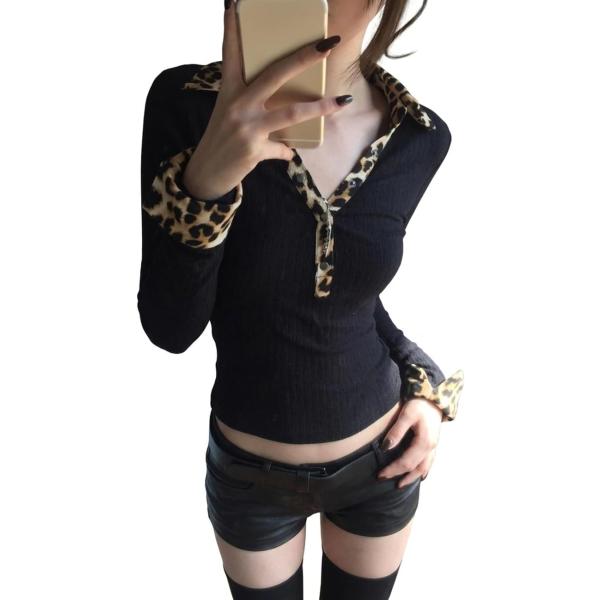 長袖 Tシャツ レディース レオパード柄 襟付き Vネック ヒョウ柄