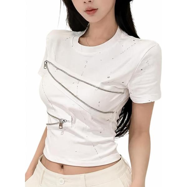 Tシャツ レディース 半袖 ストリート系 ジップ デザイン トップス