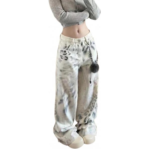 ワイドパンツ デニム レディース レオパード柄 ヒョウ柄 ストレート ジーンズ ハイウエスト 着痩せ 体型カバー 美脚 脚長 ルーズ 総柄