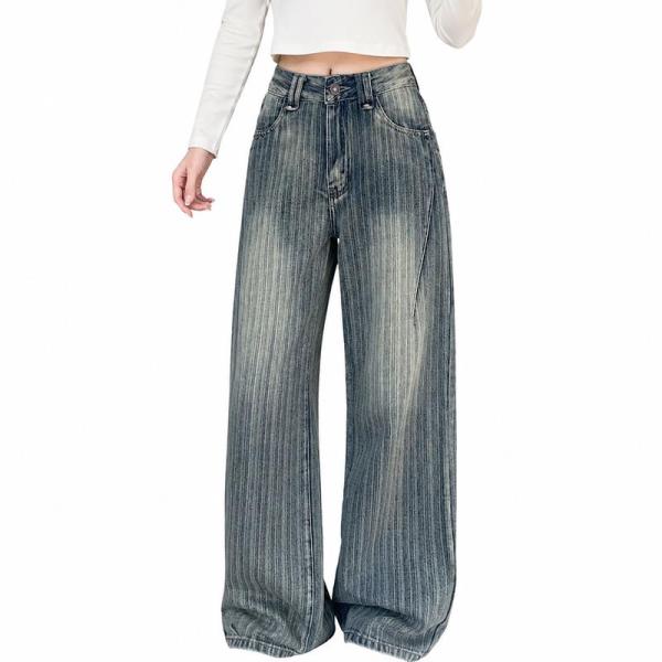 デニム ワイドパンツ レディース ハイウエスト ストライプ風 